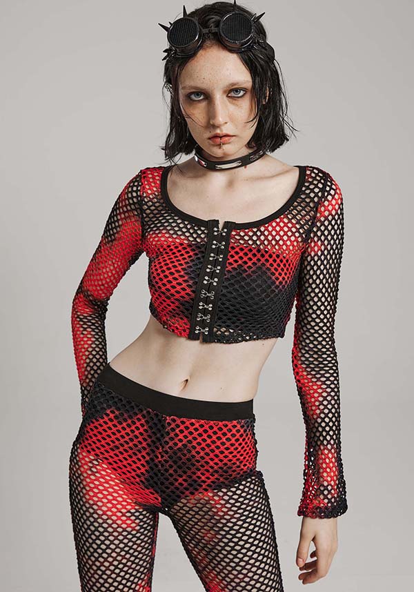 Punk Rave Badriyah Black/Red Tie-Dyed Fishnet Long Sleeve Crop Top