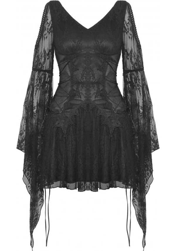 Exquisite Azrael Sheer Lace Dress with Bell Sleeves and Cold Shoulder Design