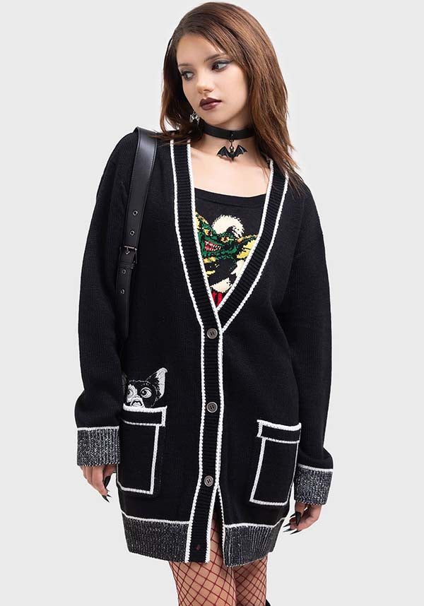 Oversized Gremlins Licensed Stretch Knit Pocket Gizmo Cardigan