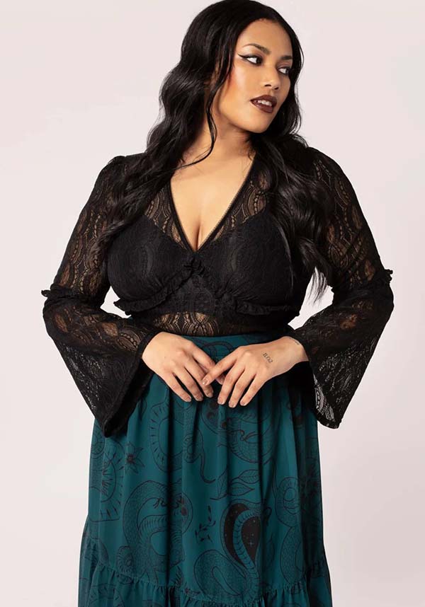 Hell Bunny Gothic Striped Black Lace Women's Top - Rhea Style