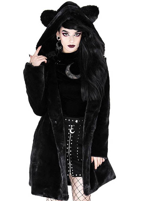 Stylish Restyle Black Faux Fur Winter Coat with Cat Ears