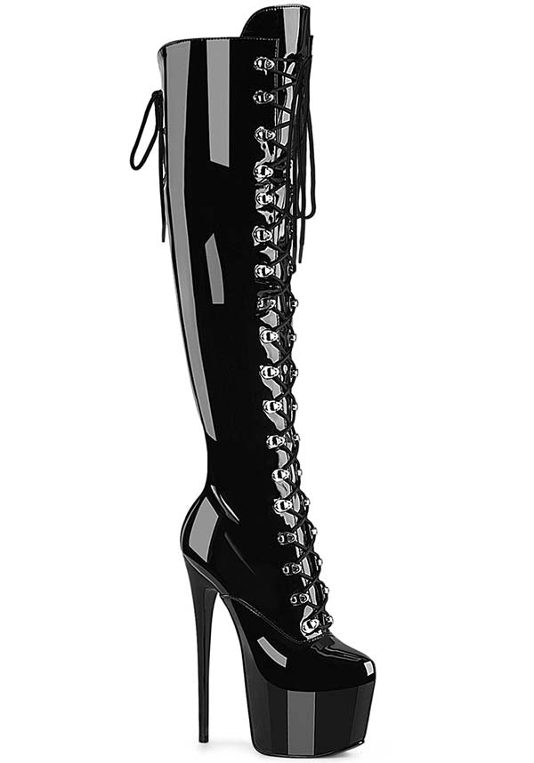 JUBILANT-3012 Black Patent Platform Over-The-Knee Pre-Order Lace-Up Boots