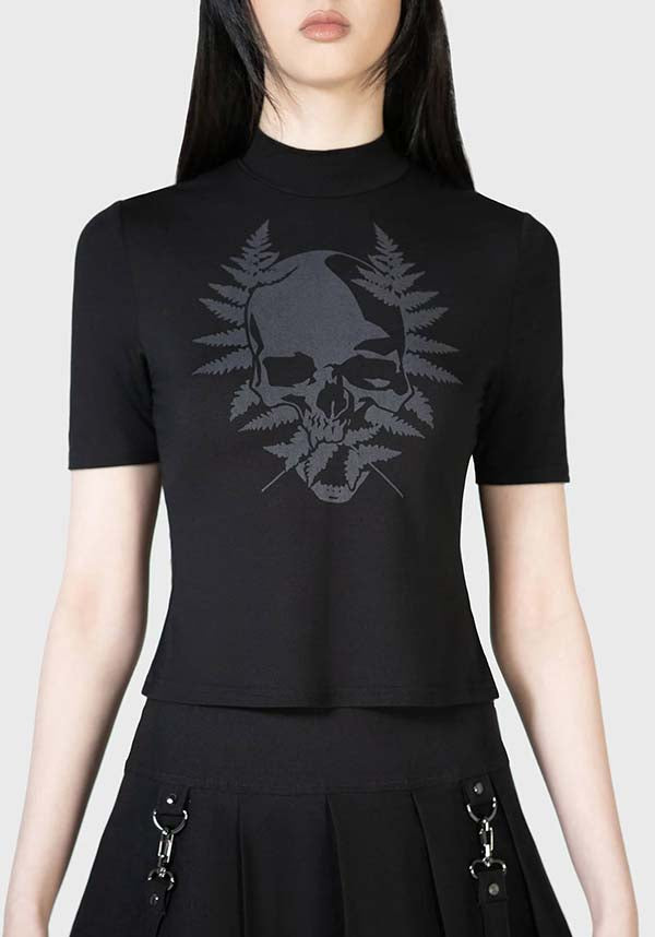 TOP* | Soft & Stretch Live Twice Skull Print High Neck Short Sleeve Fitted Top
