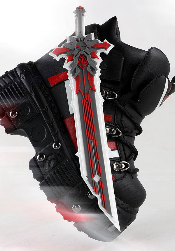 Genshin Impact Inspired Black Combat Platform Boots - Mangosteen-08 with Statement Sword Accessory