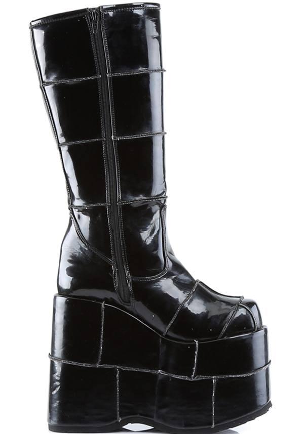 Black Stack-301 Platform Goth Cyber Gogo Knee High Boots - Preorder