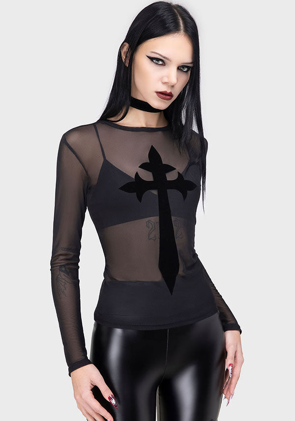 Mephitia Sheer Stretch Long-Sleeve Crew Neck Fitted TOP