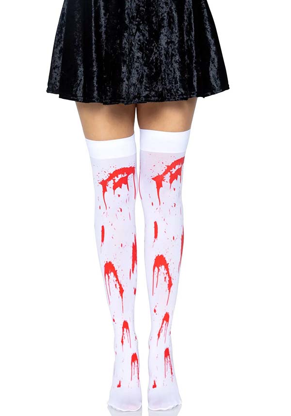 Leg Avenue Rhea Zombie Thigh-High Stockings in White and Red