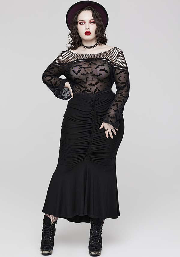 Gothic Bat Pattern Elasticated Mesh T-Shirt for Plus Sizes