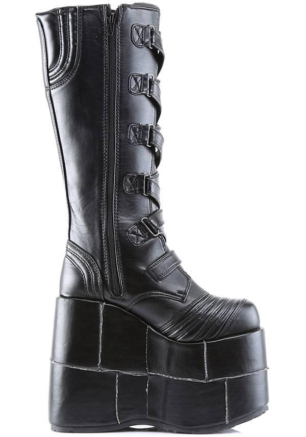 Demonia Stack-308 Black Platform Knee-High Pre-Order Goth Cyber Gogo Punk Boots