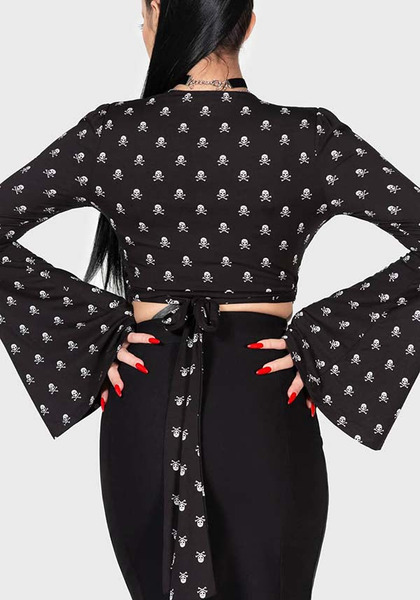 Betty's Bash Wrap Style Cropped Skull Print Stretch Top