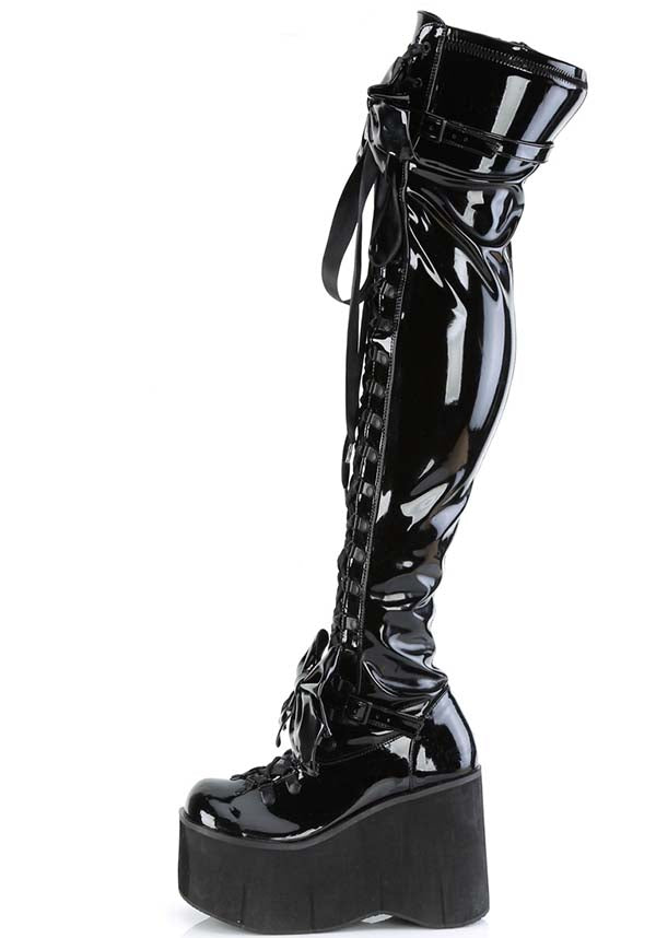 D-Ring Lace-Up Black Patent Platform Thigh High Boots [PREORDER]