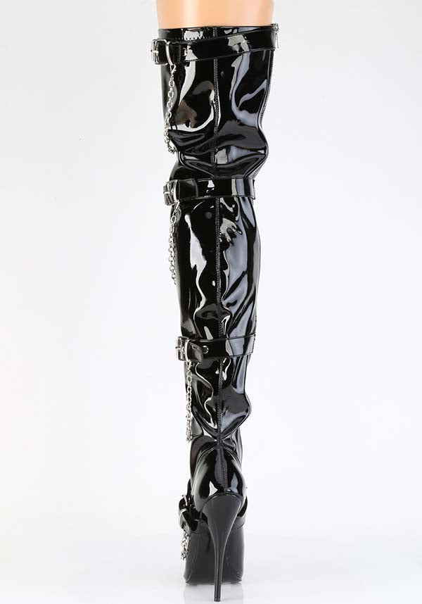 DOMINA-3027 Black Patent Leather Stretch Thigh High Boots - Preorder Available