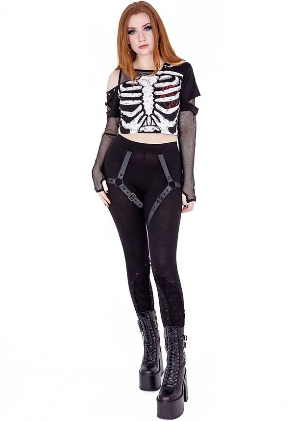 Poizen Industries Bare Bones Fashionable Crop Top with Attached Fishnet Sleeves