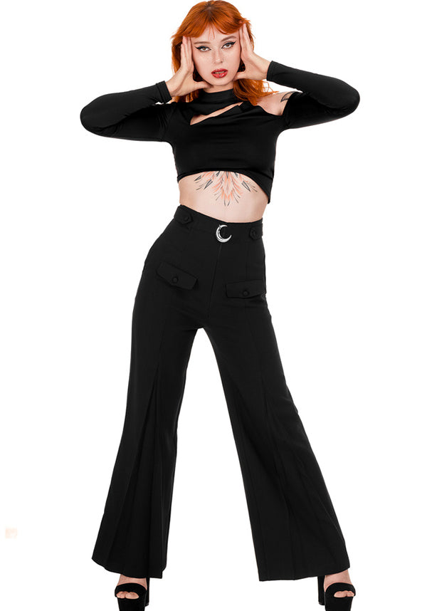 Restyle's Gothic Loretta Crescent Sky High Flared Pants for Corporate Goth Babes