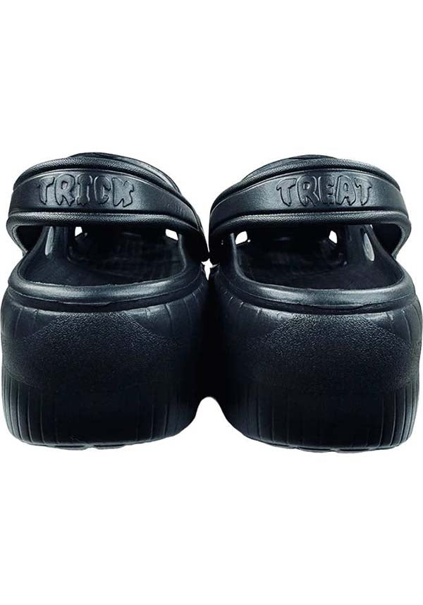 YRU RIPS Black Bat-Inspired Rubber Clogs for Spooky Fashion