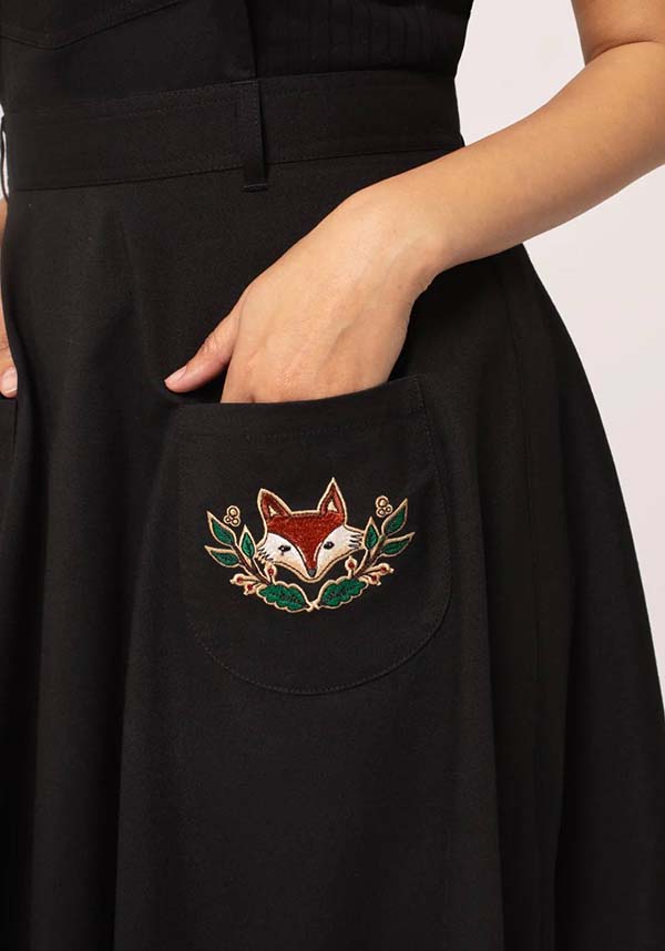 Hell Bunny Basil Black Mini Pinafore Dress with Whimsical Woodland and Fox Embroidery
