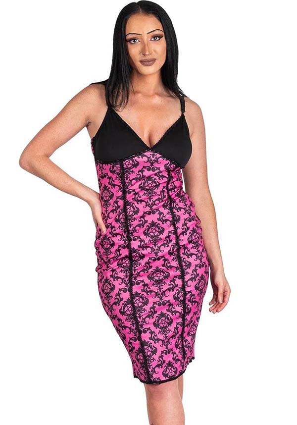 Pink Victorian Gothic Pentagram Damask Cami Lace Dress