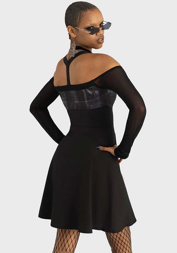 Stormcloud Cold-Shoulder Mini Dress with Washed Effect Print