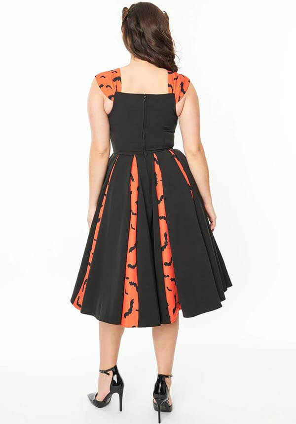 Orange and Black Bat Stripe Lightweight Swing Dress for a Spooky Look