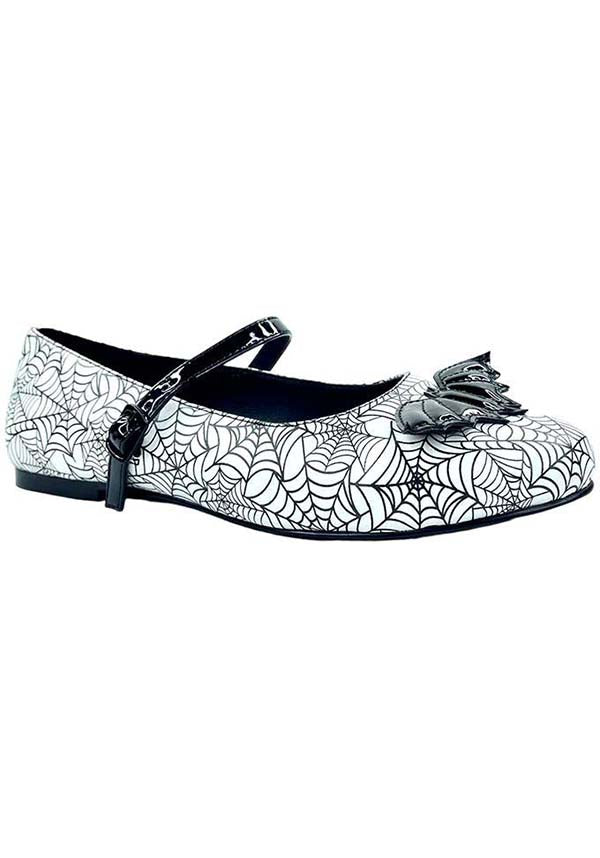 Strangecvlt White/Black Mary Jane Bat Spiderweb Flat Shoes for Alternative Fashion Lovers