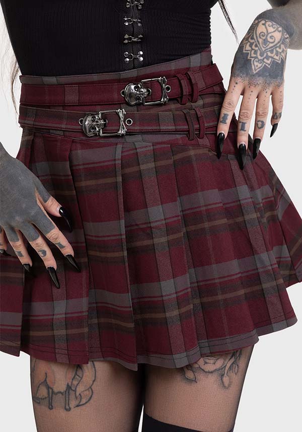 Sable Riot Mini Skirt with Custom Skull Buckles and Check Print