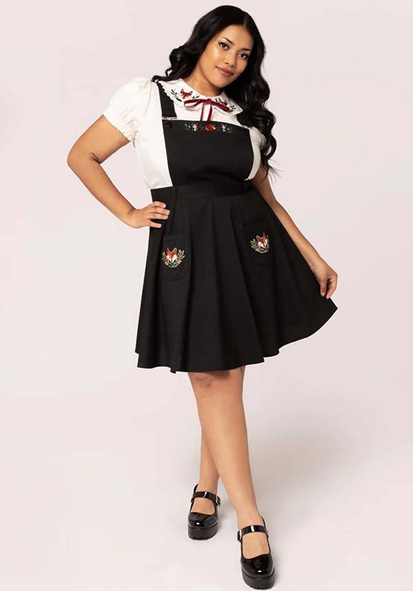 Hell Bunny Basil Black Mini Pinafore Dress with Whimsical Woodland and Fox Embroidery