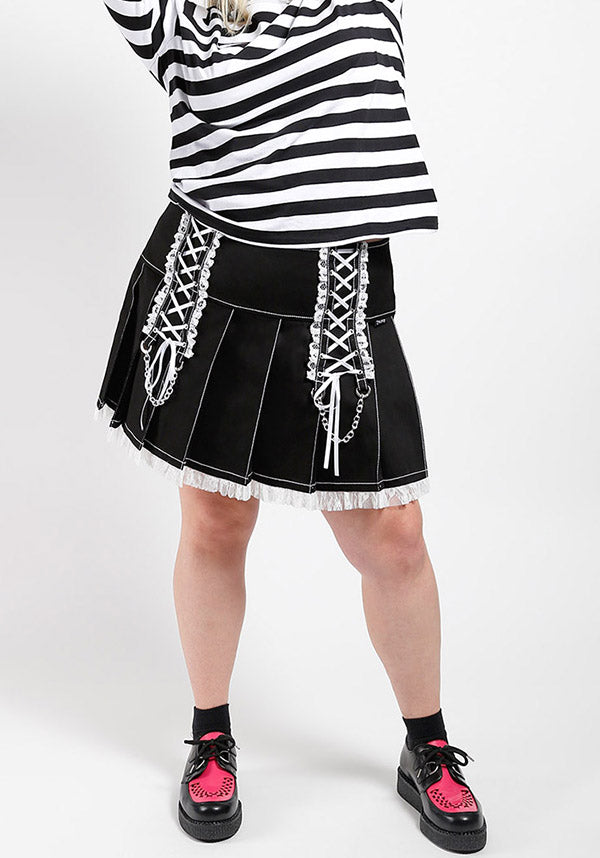 Lolita Monochromatic Black and White Pleated Skirt with Lace, Chains, Eyelets, and D - rings