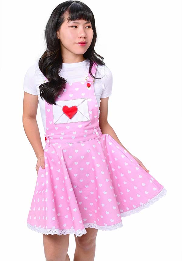 Romantic Heart Print Stretch Twill Pinafore Dress for Casual Outings