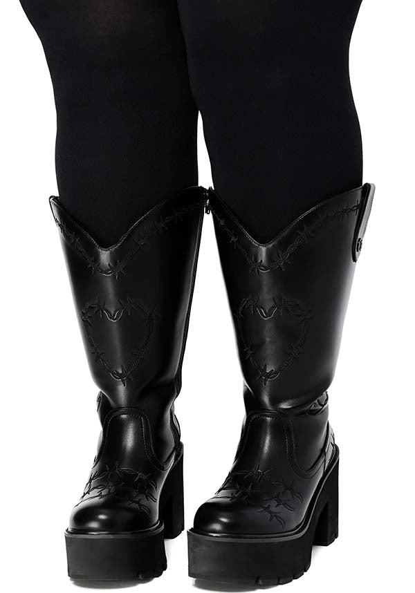Platform Cowboy Boots with Custom Barbed Wire Artwork by Foxblood