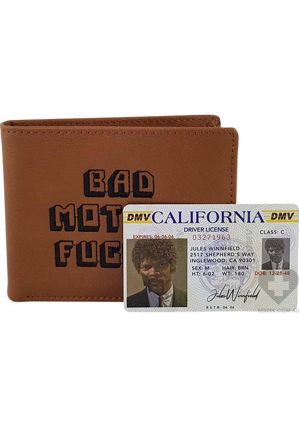 Brown Genuine Leather Pulp Fiction Themed Bad Mother F-er Wallet with Jules Winnfield License