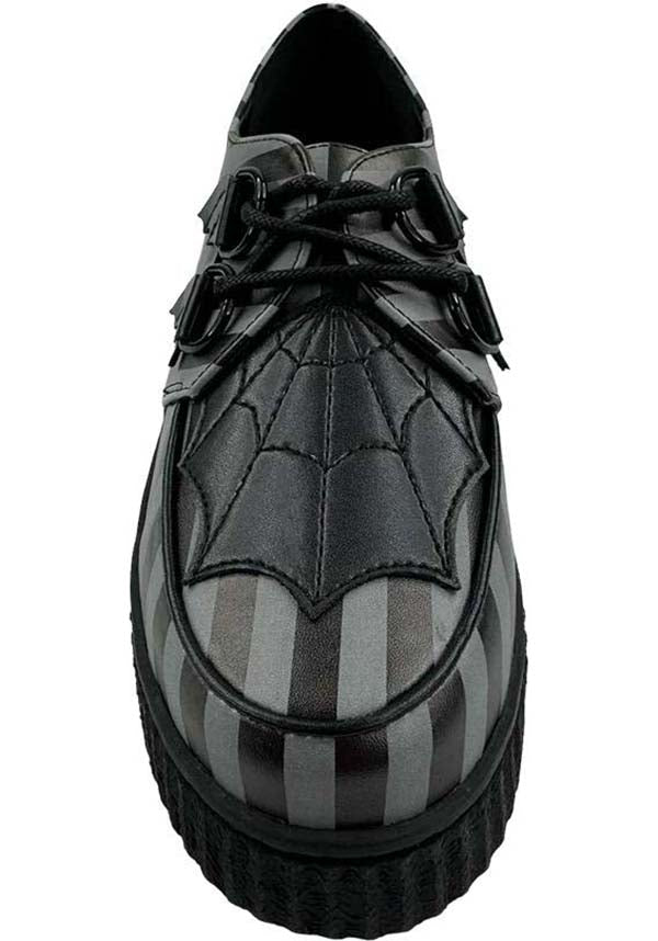 Strangecvlt Krypt Web Stripe Grey/Black Creepers - Alternative Fashion Statement