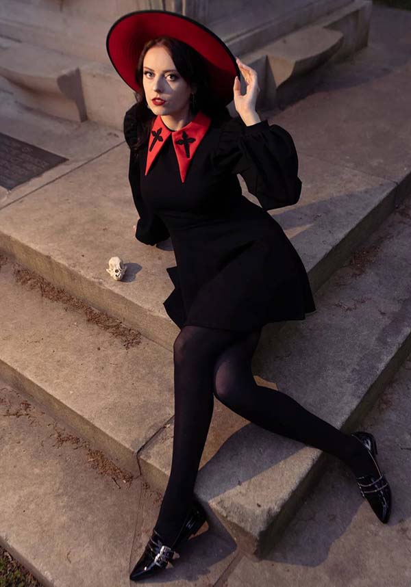 Katakomb's Red - Collared Baptism Black Dress for Cooler Months