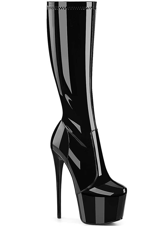 PREORDER - JUBILANT-2000 Black Patent Platform Stretch Knee Boots
