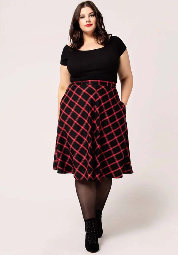 Hell Bunny Women's Janine Red and Black Tartan Midi Skirt