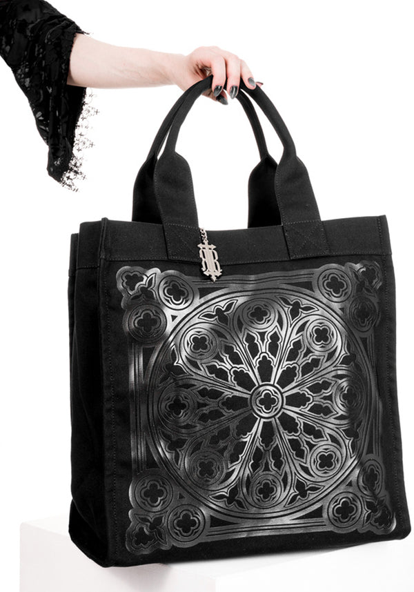 Gothic-Inspired Heavy Cotton Canvas Rosarium Tote Bag with Rose Window Print