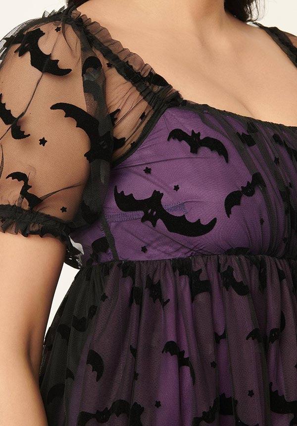 Unique Vintage Purple Bat Mesh Patterned Chiffon Babydoll Dress for Women