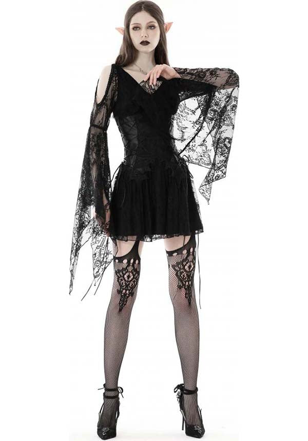 Exquisite Azrael Sheer Lace Dress with Bell Sleeves and Cold Shoulder Design