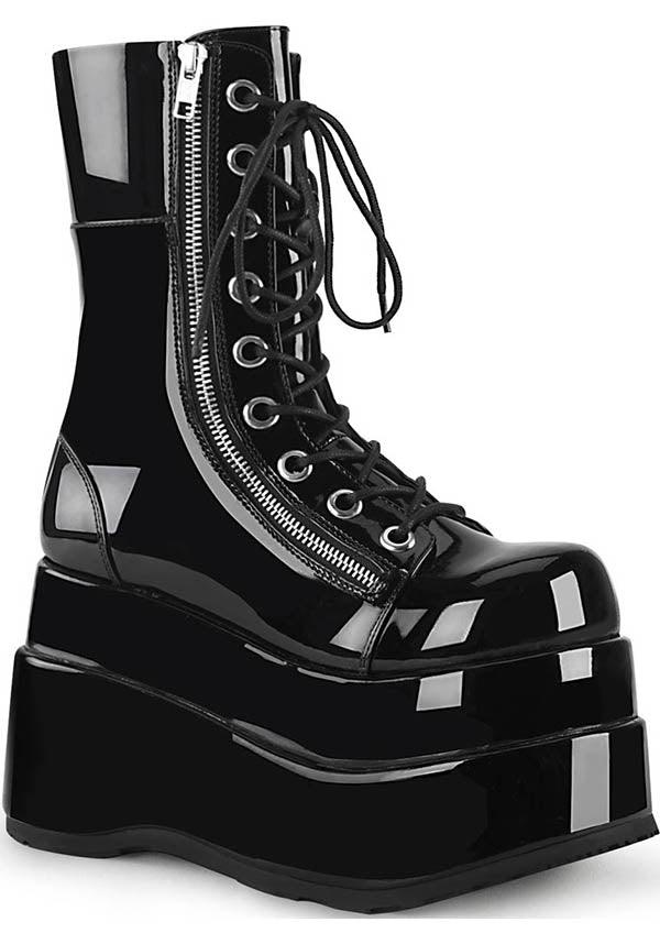 BEAR-265 Black Patent Leather Mid-Calf Platform Lace-Up Boots - Preorder