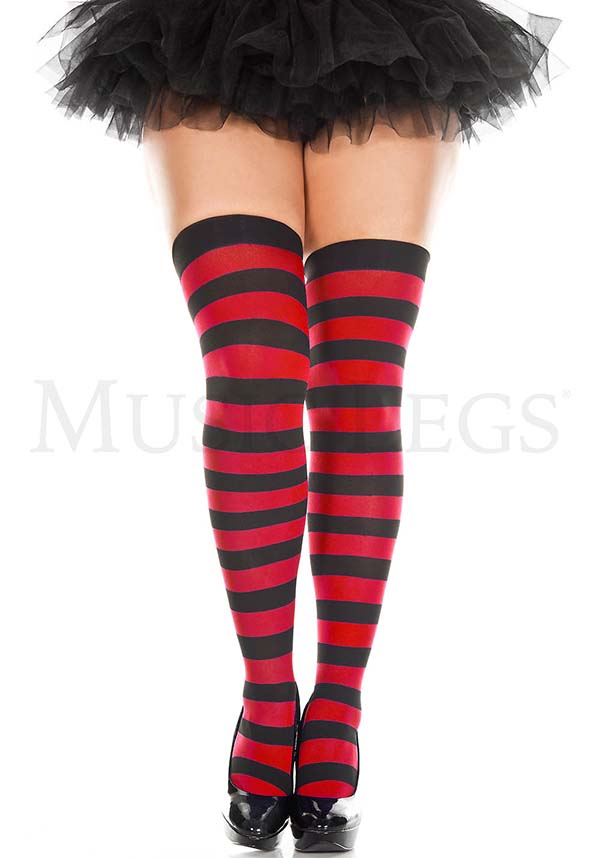 Wide Striped Black and Red Music Legs Thigh High Stockings for Costume, Cosplay, or Gothic Punk Outfits