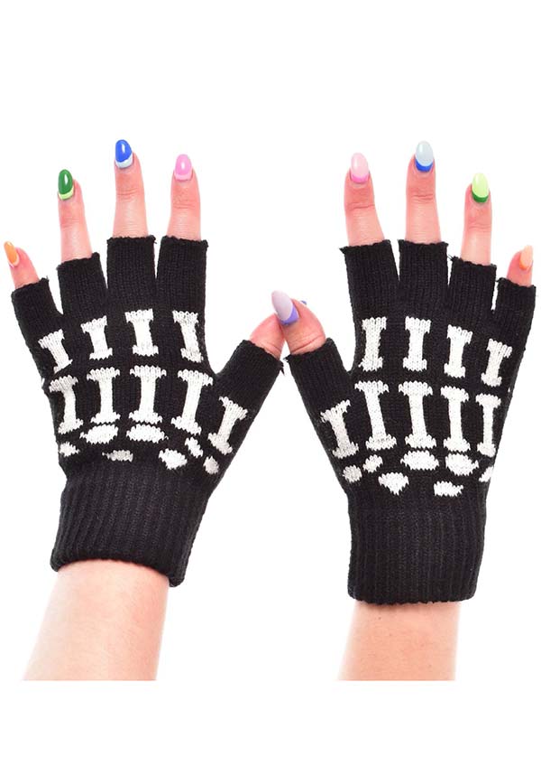 POIZEN INDUSTRIES Black and White Fingerless X-Ray Design Gloves for a Creepy Look