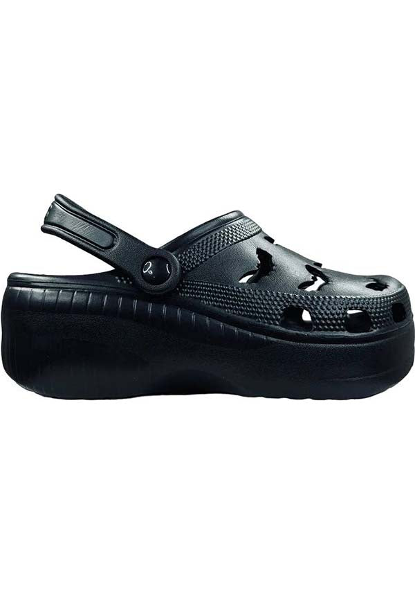 YRU RIPS Black Bat-Inspired Rubber Clogs for Spooky Fashion