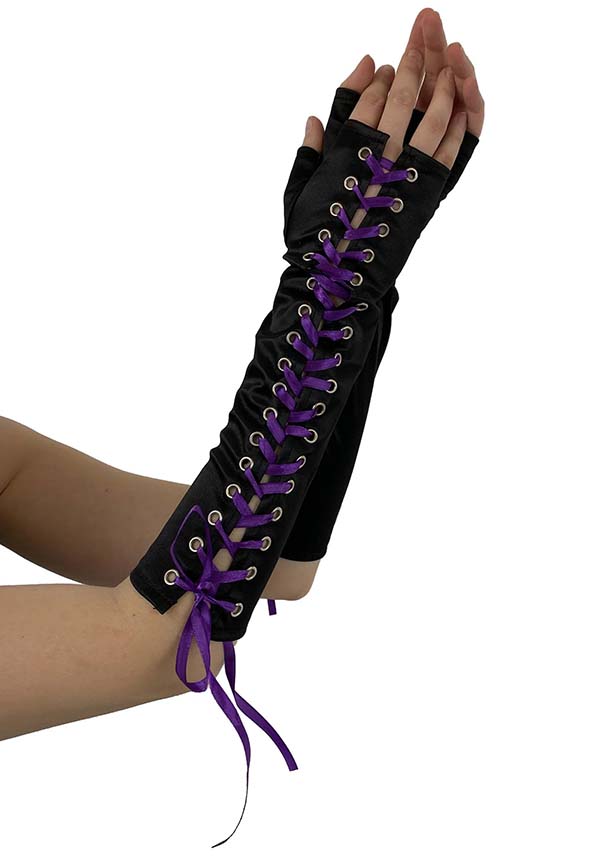 Stretchy Black & Purple Lace - Up Fingerless Gloves