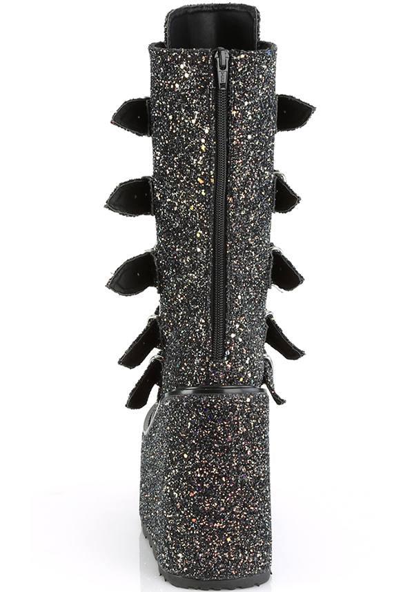 PREORDER: Demonia SWING-230G Platform Mid-Calf Boots in Black Multi Glitter Style