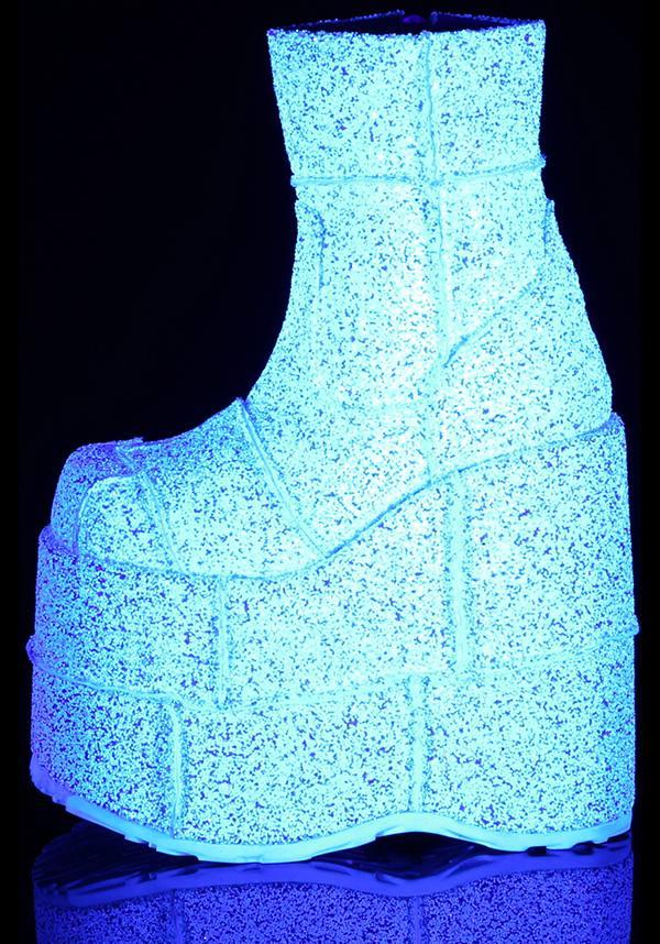 PREORDER - Demonia STACK - 201G Platform Ankle Boots in White with Multi - Glitter Design