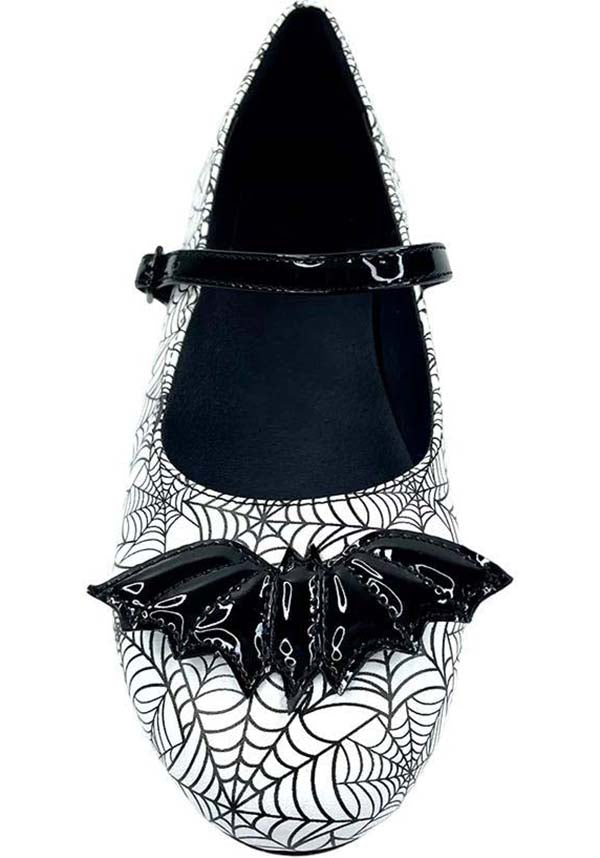 Strangecvlt White/Black Mary Jane Bat Spiderweb Flat Shoes for Alternative Fashion Lovers