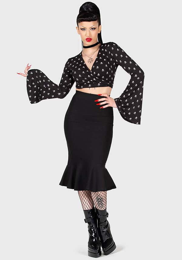 Betty's Bash Wrap Style Cropped Skull Print Stretch Top