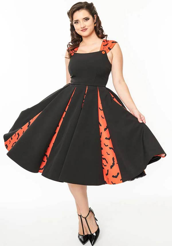 Orange and Black Bat Stripe Lightweight Swing Dress for a Spooky Look