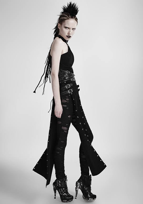 Punk Style High Waist Split Skirt with Leather Loop and Metal Buckle