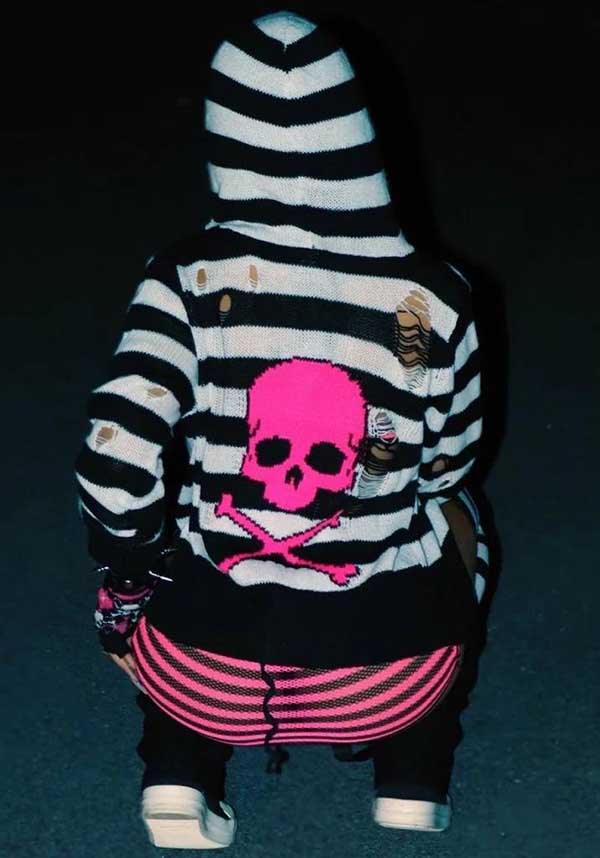 Adorable Pink Skull Striped Zip-Up Hooded Cardigan Sweater for Fall