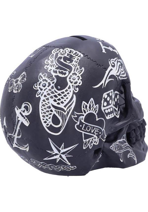 Black and White Gothic Tattoo-Style Skull Shaped Money Box for Saving Fund